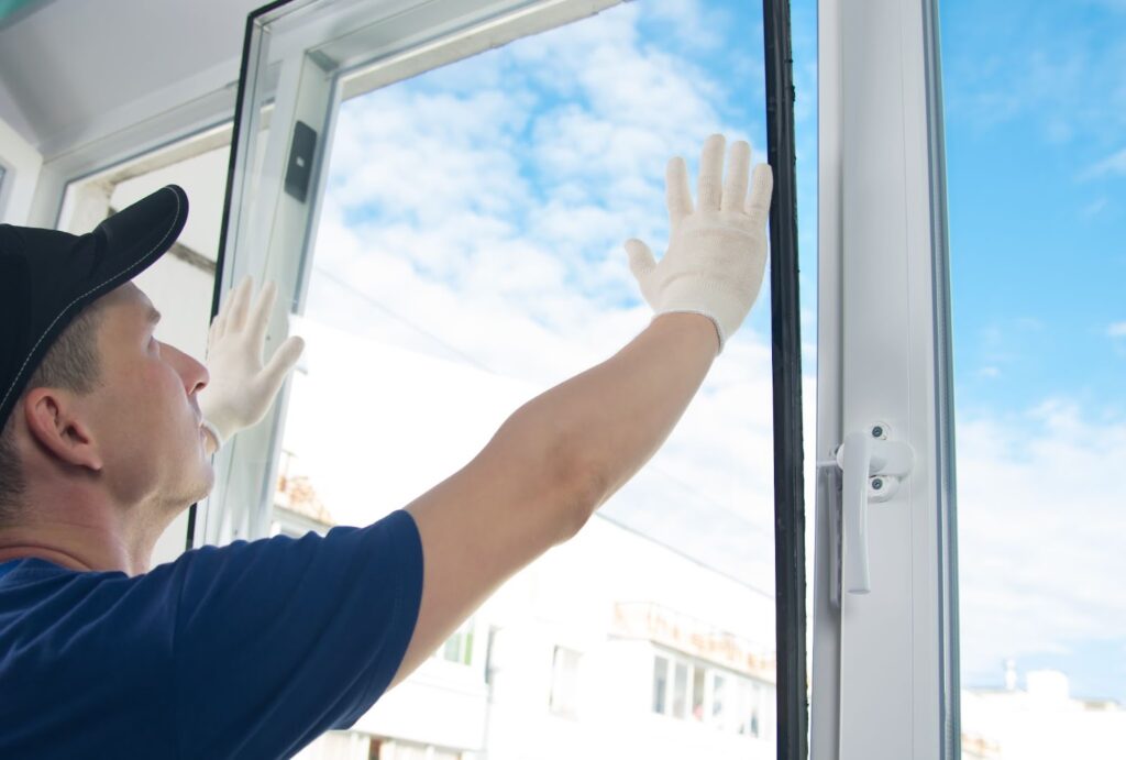 A man in a blue shirt and white gloves cleaning a window