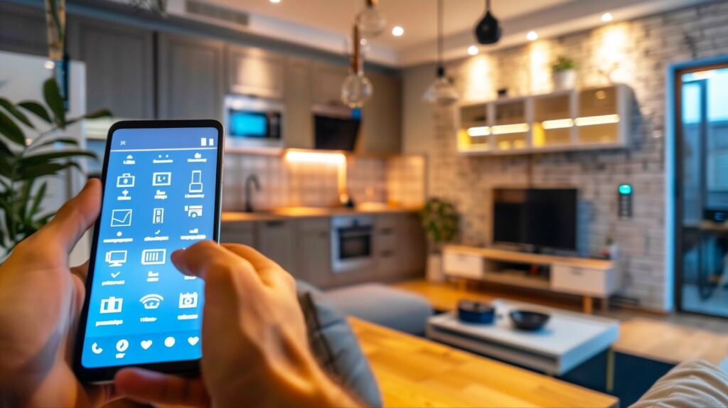 Person searching for window installation companies and eco-friendly windows on smartphone in living room
