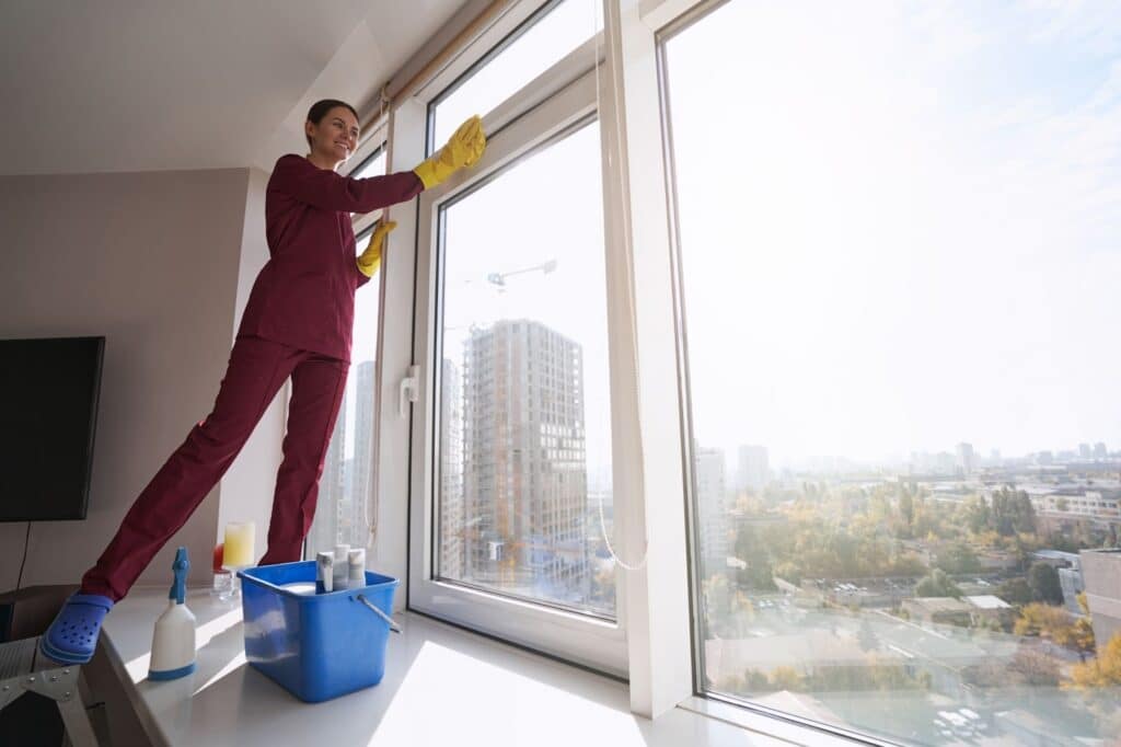 A woman cleaning windows with a bucket and mop, demonstrating window maintenance using window cleaning tools.