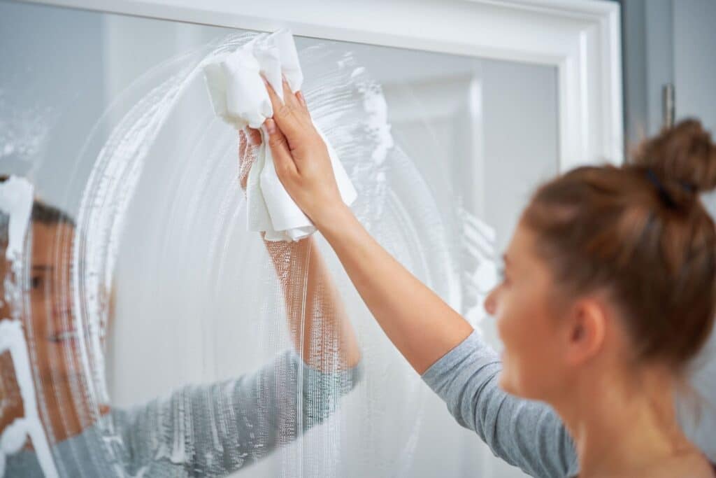 Woman cleaning mirror with cloth, window maintenance, window cleaning tools.